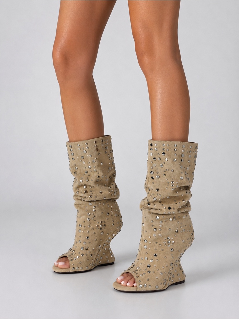 Azalea Wang Naomani Beige Studded Open-Toe Slouch Wedge Boot